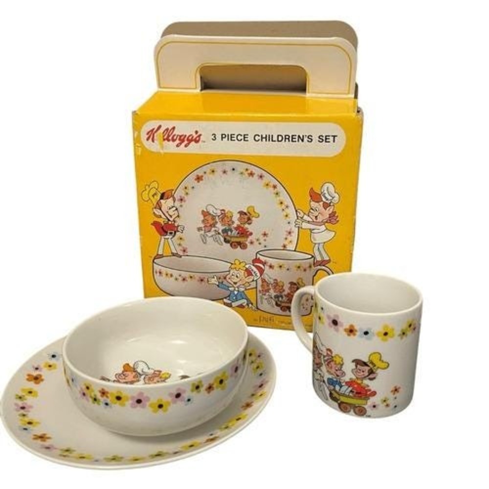 Kelloggs Snap Crackle Pop 3 Piece Childrens Porcelain Set Papel Box Vintage 1983